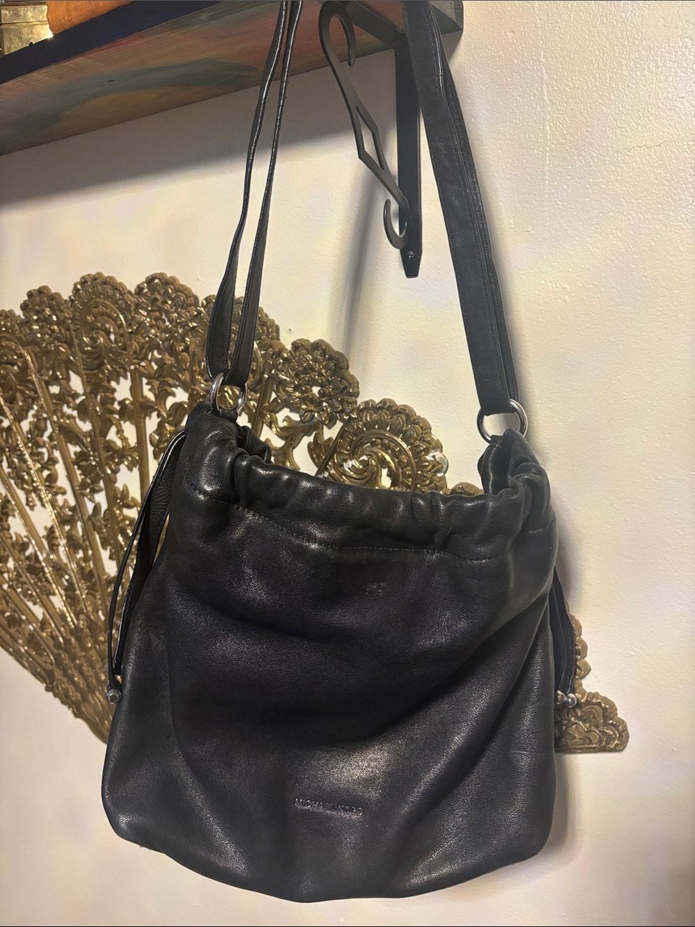 Michael Kors Black Leather Drawstring Shoulder Bag